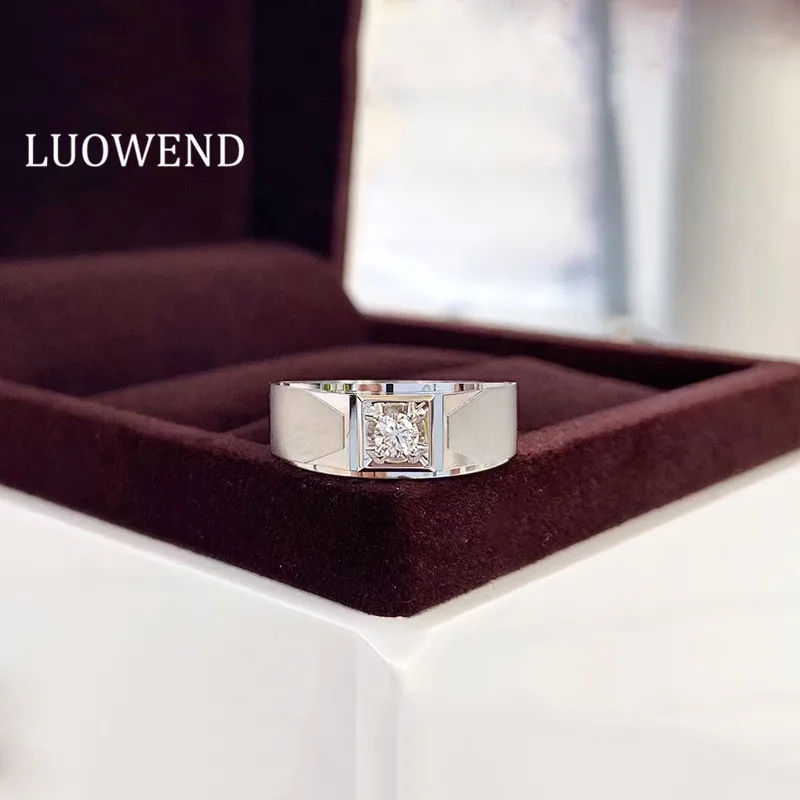 

LUOWEND 18K White Gold Ring Classic Anniversary Man Bague 0.15carat Natural Diamond Ring for Men Wedding Party