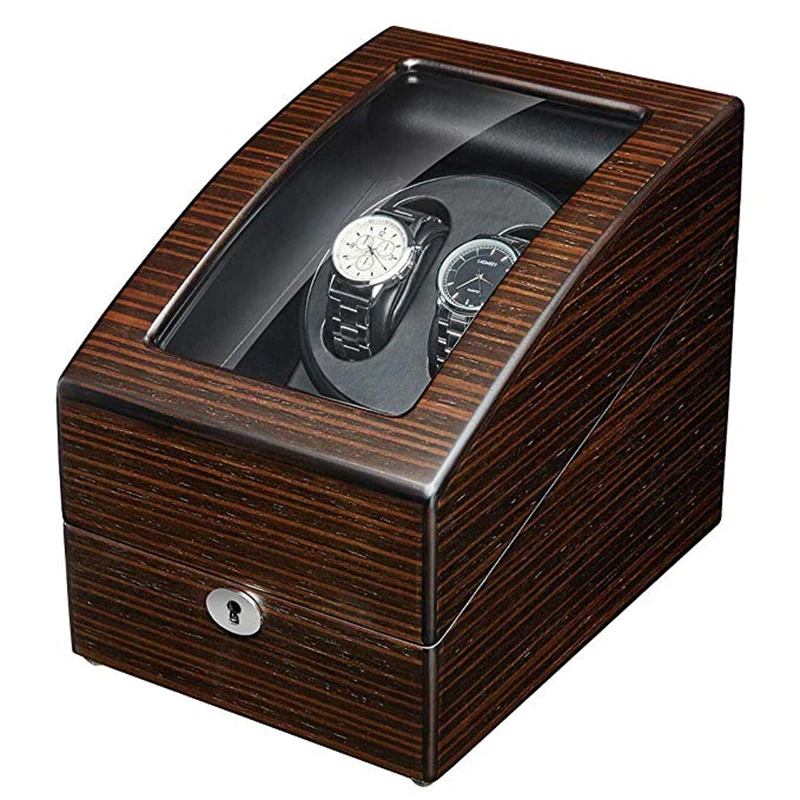 JQUEEN Ebony Solid Wood Automatic Double Watch Winder with 3 Storage Box Case Quiet Mabuchi Motor Support Battery With Key