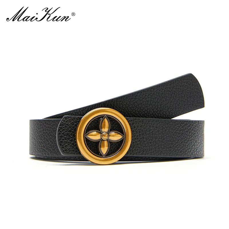 Maikun Plum Blossom Buckle Fashion Ladies Belt Round Buckle All-Match Solid Color Belt For Women For Jeans Trench Coat