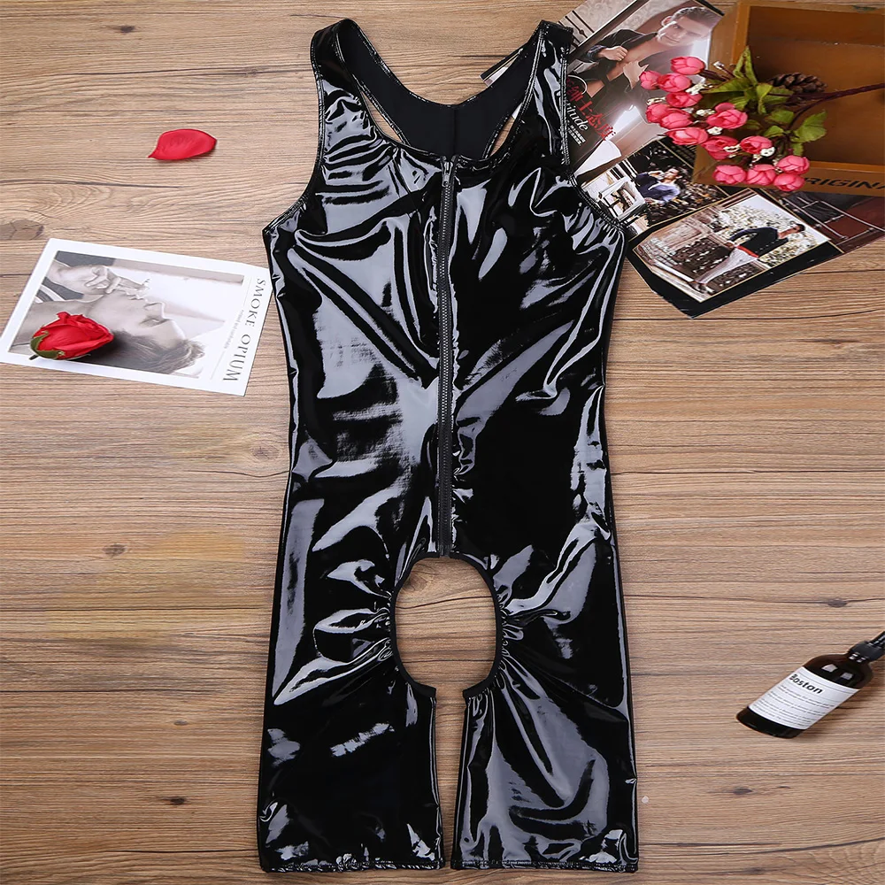 Sexy Mens Singlet Wetlook Patent Leather One-piece Sleeveless Front Zipper Crotchless Singlet Boxer Leotard Bodysuit Underwear