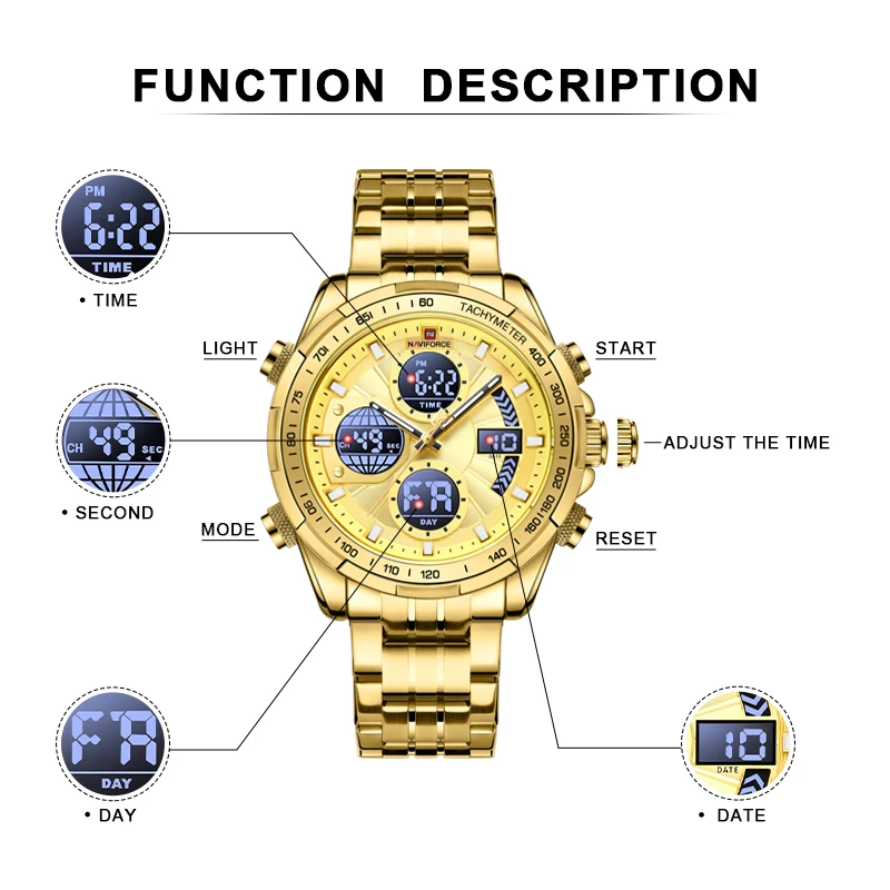 Top Luxury Brand NAVIFORCE Quartz Watches for Men Military Sport Luminous Digital Waterproof Alarm Chronograph Gold Wrist Watch