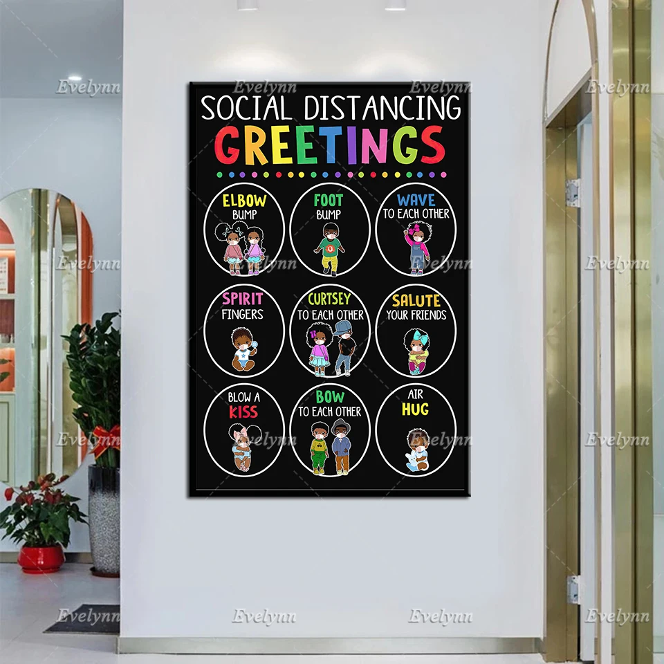 Social Distancing Greetings Poster,Young Black Girls Canvas,Young Black Boys Wall Decor, Classroom Home Decor,Teacher Prints