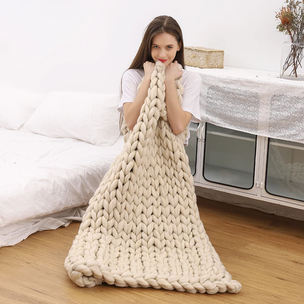 6cm Fashion Hand Wool Knitted Blanket Thick Yarn Merino Wool Bulky Knitting Throw Blankets Knit Blanket