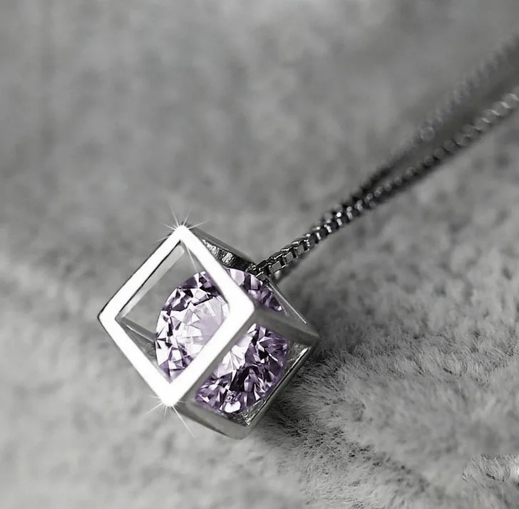 925 Sterling Silver Cube Zirconia Pendant Necklace For Women Gift 45cm Link Chain choker collares kolye S-N76