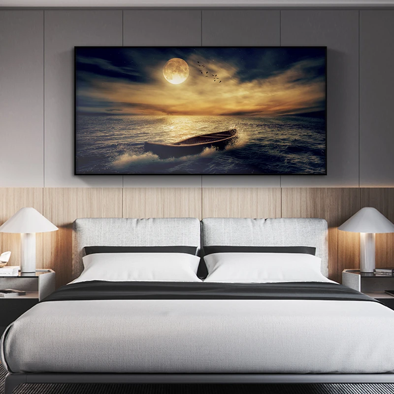 Sunsets Natural Bird Boat Seascape Posters and Prints Cuadros Canvas Painting Panorama Modern Wall Art Picture for Living Room