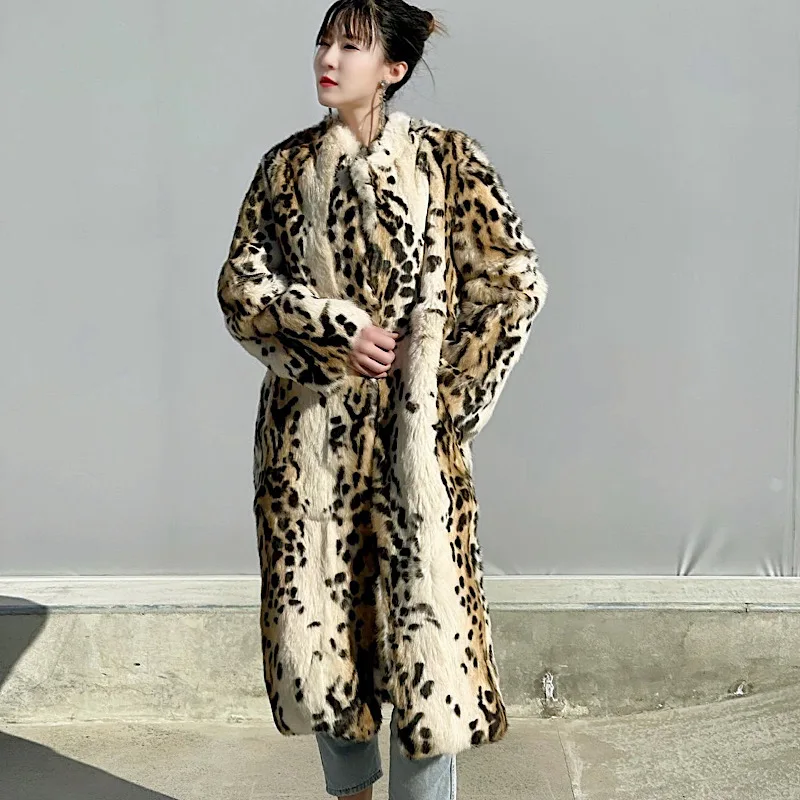 2021 Winter Women Real Rex Rabbit Fur Coats  Fashion Long Leopard Overcoat Simple Warm Ladies Outerwear Luxurious Street New