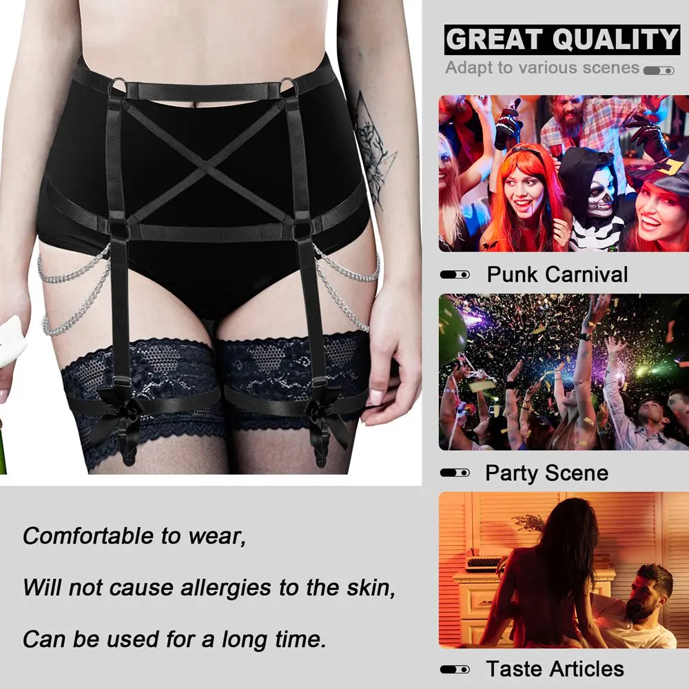 

Black Skirt Bondage Harness Chain Metal Waist Belt Punk Goth Sexy Lingerie Dress Hollow Out Suspender Body Harajuku Dance Rave