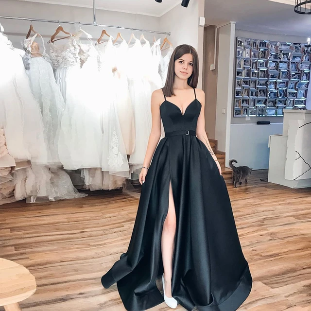 Homecoming Dresses Black V Neck Spaghetti Strap Waistband Split Satin A line Evening Dress Elegant Simple Prom Gowns For Women