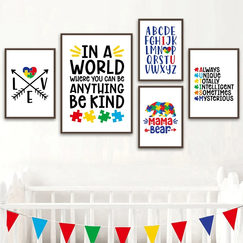 Autism Gifts Autism Awareness Quote Posters and Prints Autism Love Be kind Quote Puzzle Piece Art Canvas Painting Wall Art Decor
