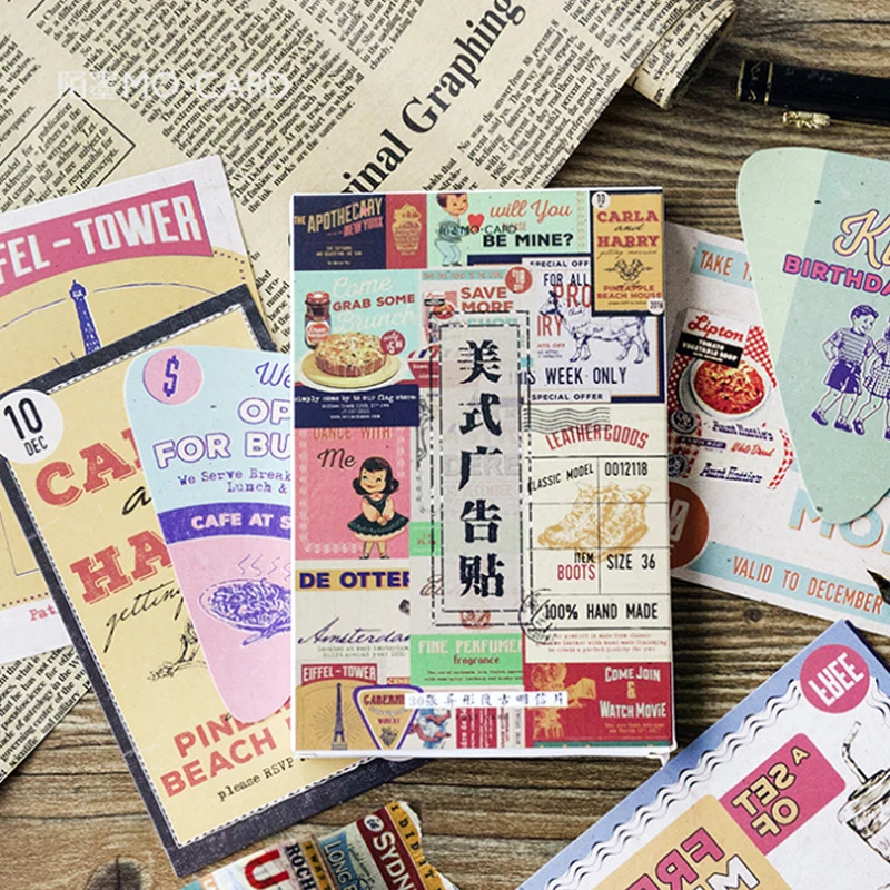 30pcs/pack Retro Creative American Advertising Stickers Boxed Message Postcard Material Escolar Decoracion Aesthetic