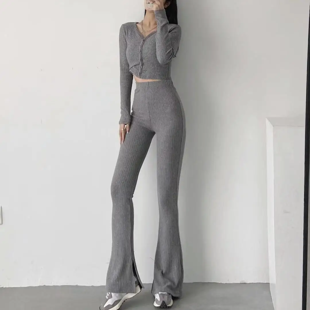 

Sexy 2 piece pants sets women outfits black crop top white two piece set women top and pants sets knit flare pants side split