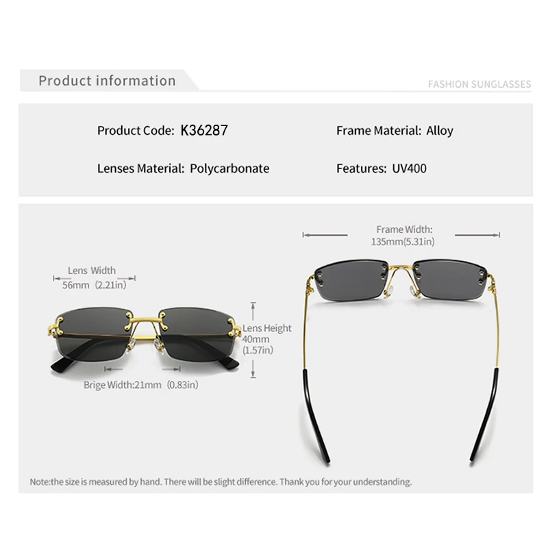 CATERSIDE Neue Mode Rechteck Sonnenbrille Männer Frauen Luxus Designer Randlose Gradienten Objektiv Metall Sonnenbrille Für Männer UV400 – Detail 25