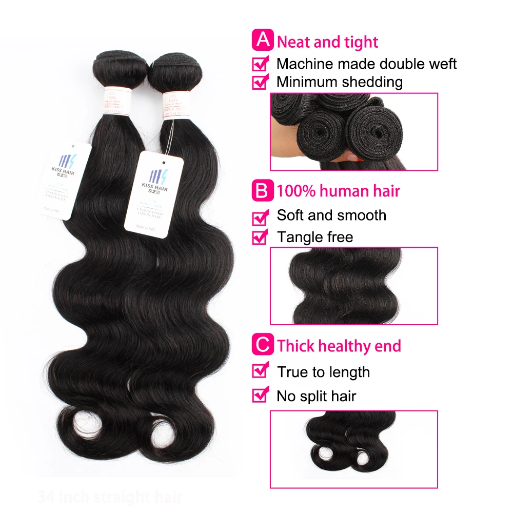 Kisshair 3 Bundles With 2*6 Closure Body Wave Natural Color Brazilian Human Hair Remy Double Wefts Hair Extension 300 Gram/Lot