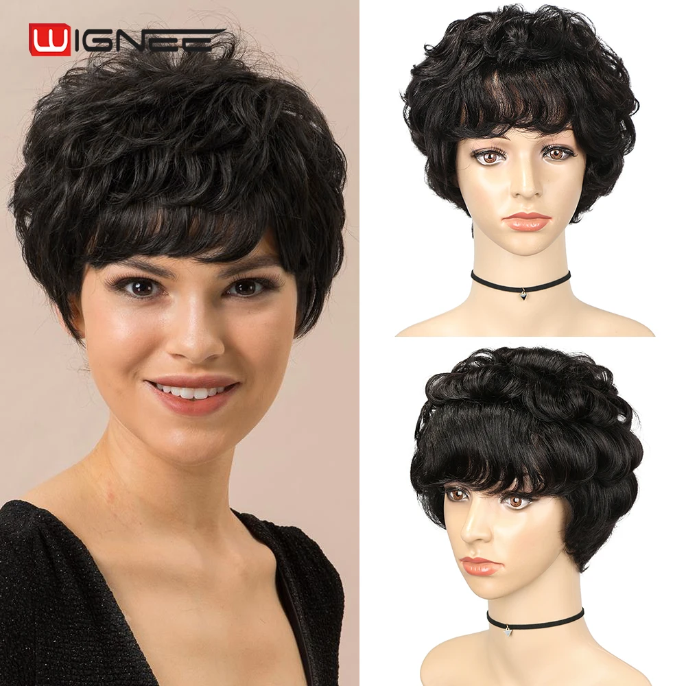 Wignee Finger Wave Short Human Hair Wig With Bangs Short Curly Pixie Cut Wig for Women Brazilian Hair Full Machine Made Bob Wigs