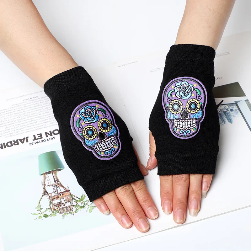 Guantes de punto con calavera bordada, sin dedos, novedad