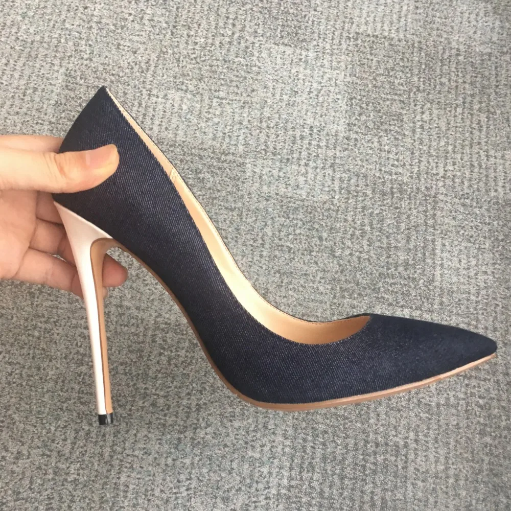 Women Classic Pumps Extreme Thin High Heels Sexy Stilettos Ladies Pointed Toe Shoes Black Blue Denim Pumps White Heeled D026B