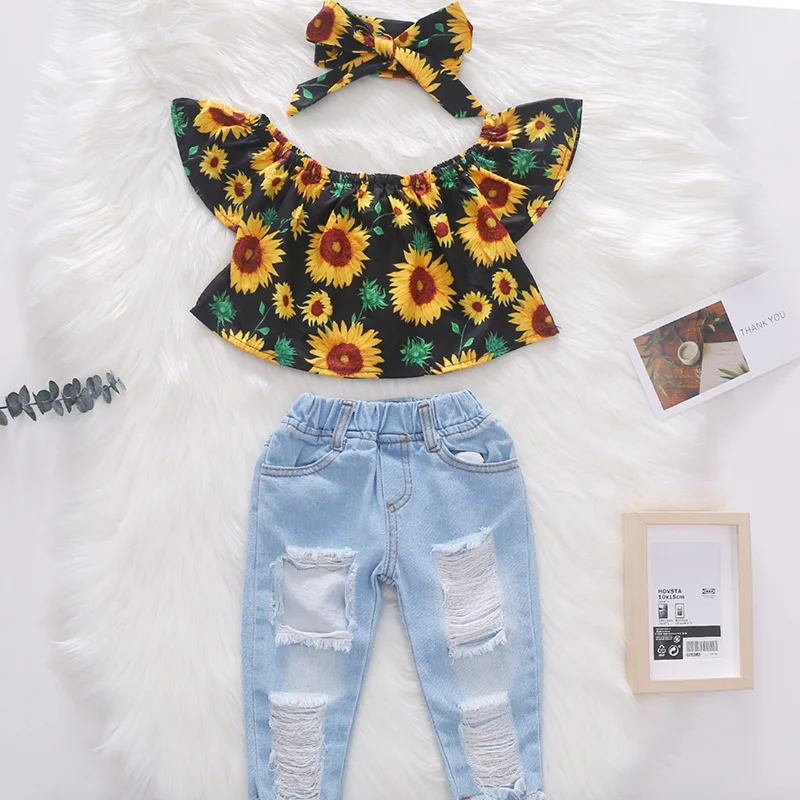 1-6Y Summer Kids Baby Girl Clothes Sets Suits Girls Flying Sleeves Sun Flower Short Sleeves+Denim Pants+Headband 3pcs Suits Sets