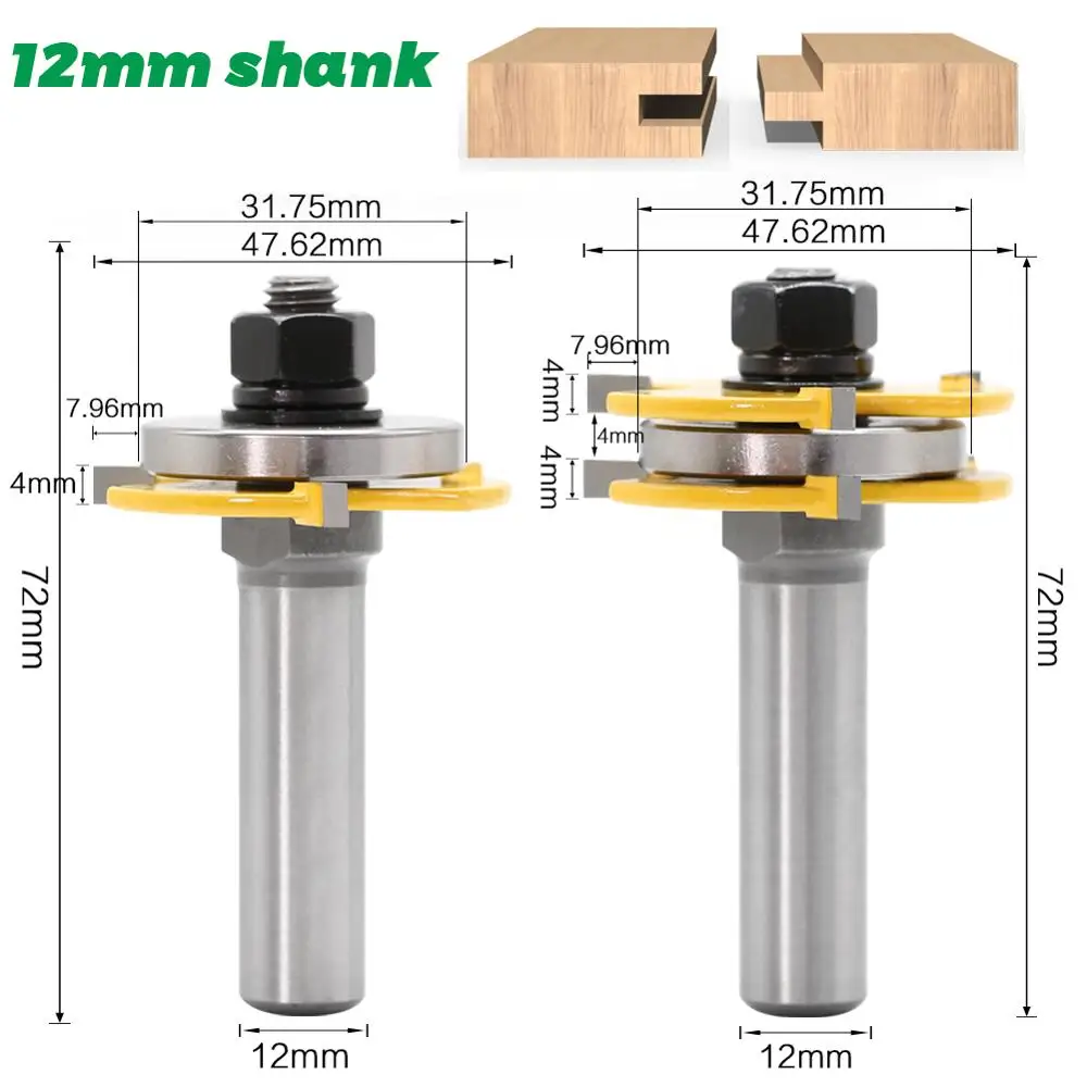 2pcs 12mm Shank 1/2 shank Joint Assemble Router Bits Tongue & Groove T-Slot Milling Cutter for Wood Woodwork Cutting Tools