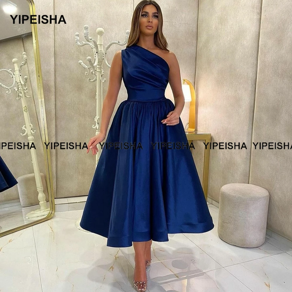 Yipeisha-vestido de fiesta de boda de satén, traje de un hombro, azul real, longitud de té, línea A, Burdeos, talla grande, Homecoming