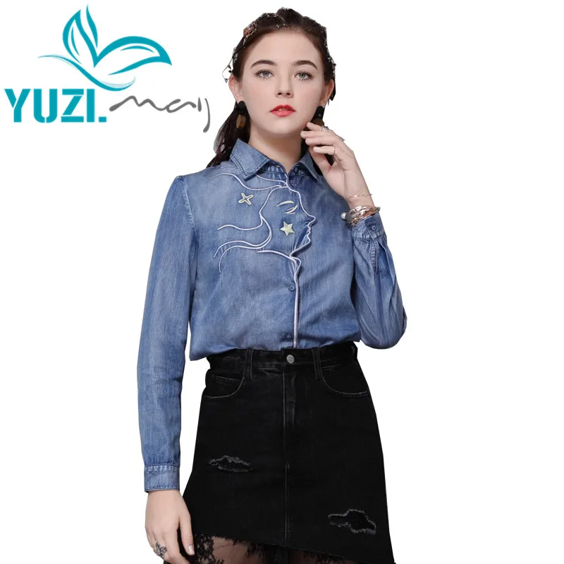 Blouse Vrouwen 2020 Yuzi. kan Boho Nieuwe Denim Shirt Turn-Down Kraag Vintage Borduurwerk Lange Mouwen Blouses B9296 Blusas Femininas