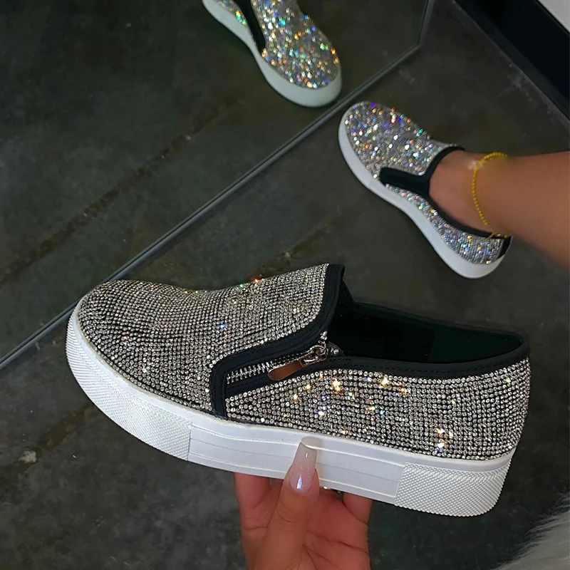 Women\'s Rhinestone Sneakers 2024 Spring Fashion Zipper Slip On Lady Running Shoes Outdoor Breathable Female Comfortable Loafer