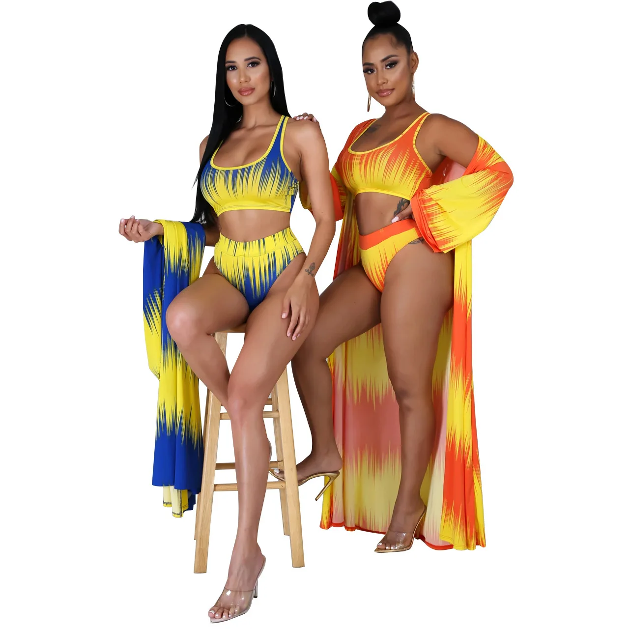 

2020 New Bikini Three Piece Sets Sexy Swimsuit for Women Swimwear Print Swimming Suit + Long Beach Cover-up Set Plus Size 2XL