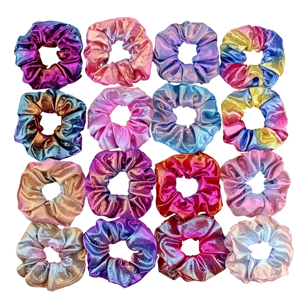 100Pcs Metallic Rainbow Satin Scrunchies for Curly Hair Tie Dye Girls Women Fashion Silk Elastic Hair Ties