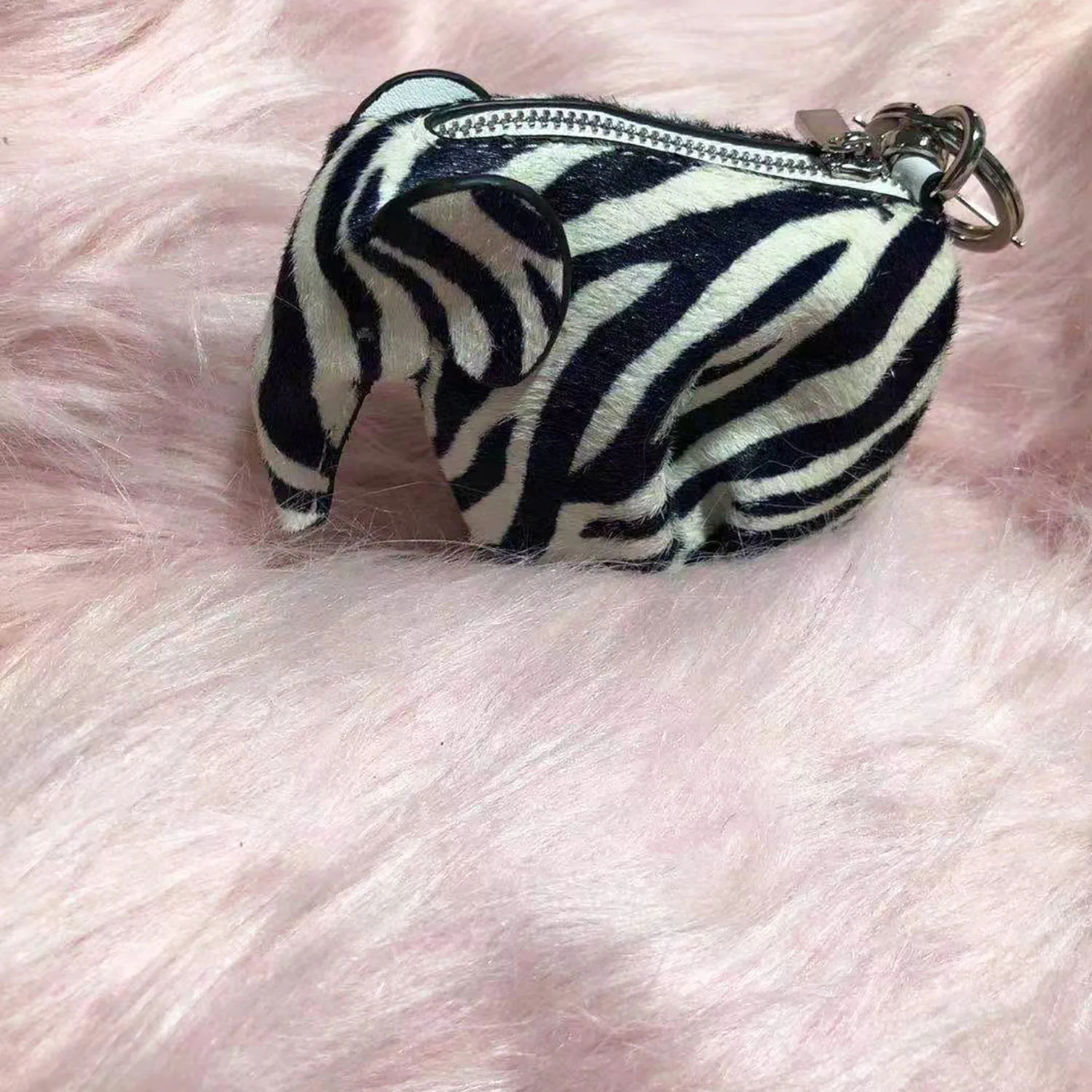 Zebra Elephant Charm Genuine Leather Calf Hair on Cowhide Fur Winter Animal Shaped Coin Purse  Keychain Pendant Christmas Gift