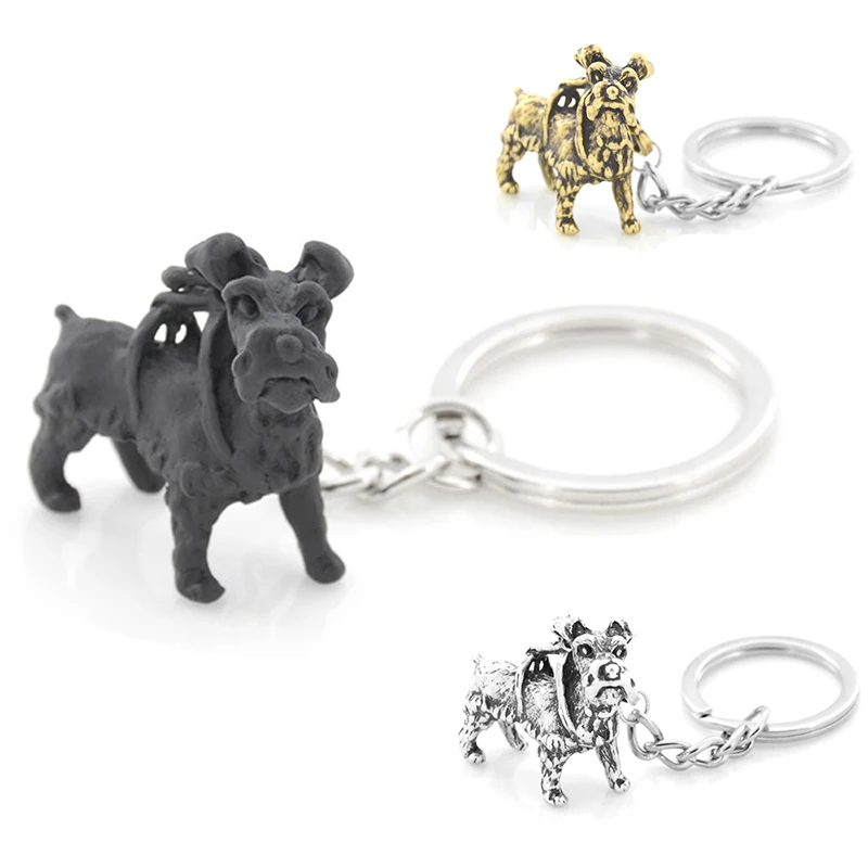 3D Cute Retro Miniature Schnauzer Keychain Vintage Metal Dog Key Chain Keyring Bag Charm Women Men Child Fashion Jewelry