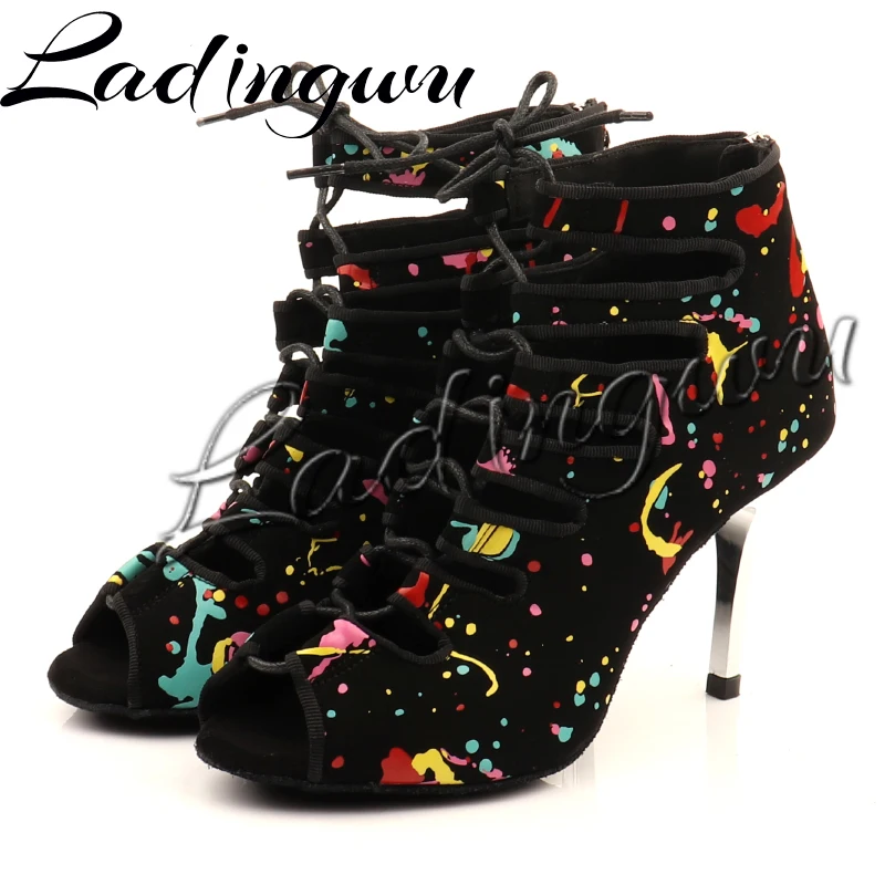 Ladingwu New Style Latin Dance Shoes Rumba Tango Dance Boots Salsa National Standard Dance Shoes Fashion Printed Suede Plating H