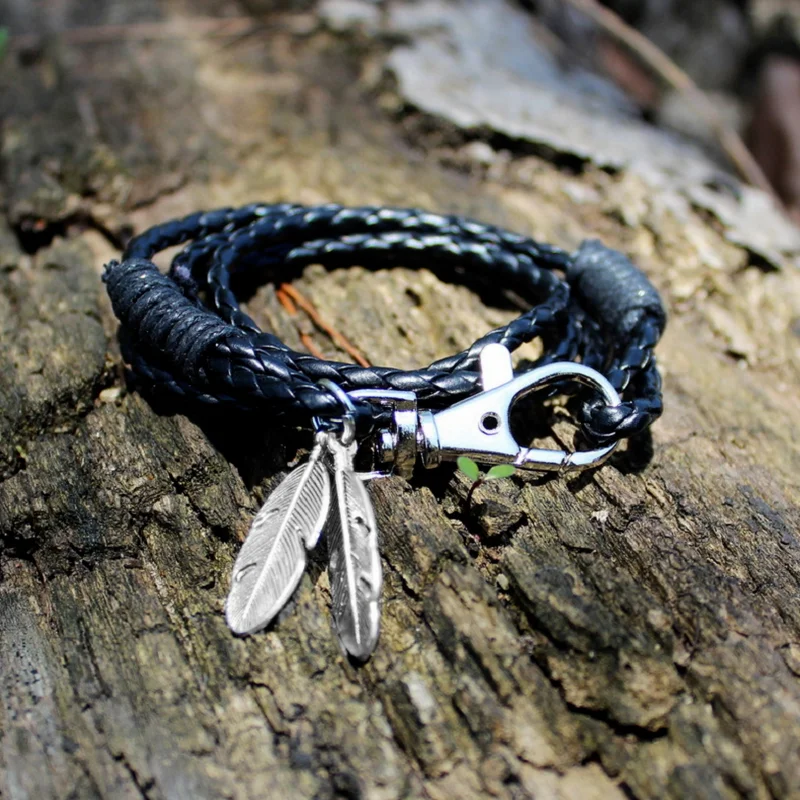 Vintage Leaf Feather Multilayer Leather Bracelet Men Fashion Braided Handmade Keychain Rope Wrap Bracelets &Bangles Male Gift