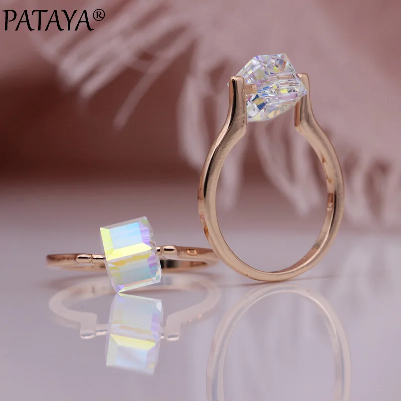 

PATAYA New Austria Crystal Square Women Rings 585 Rose Gold Color Ring Wedding Simple AB Colorful Unique Fine Fashion Jewelry