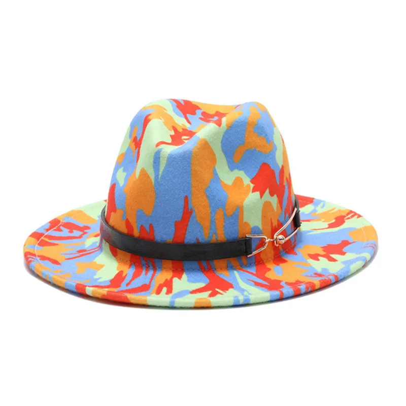 Colorful Printed fedora hat spring autumn new bright color woolen jazz hat men women felt hat tie-dye wool-like Panama hat