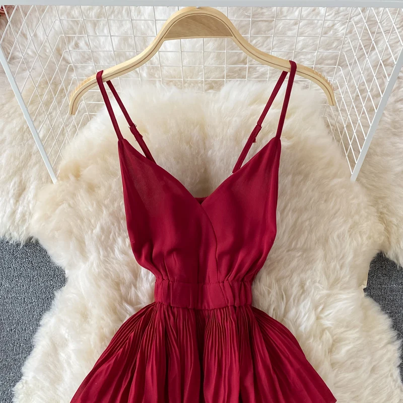 Summer Green/Pink/Red Pleated Spaghetti Strap Dress Women Sexy V-Neck High Waist Sleeveless Cascading Ruffle A-Line Draped Robe