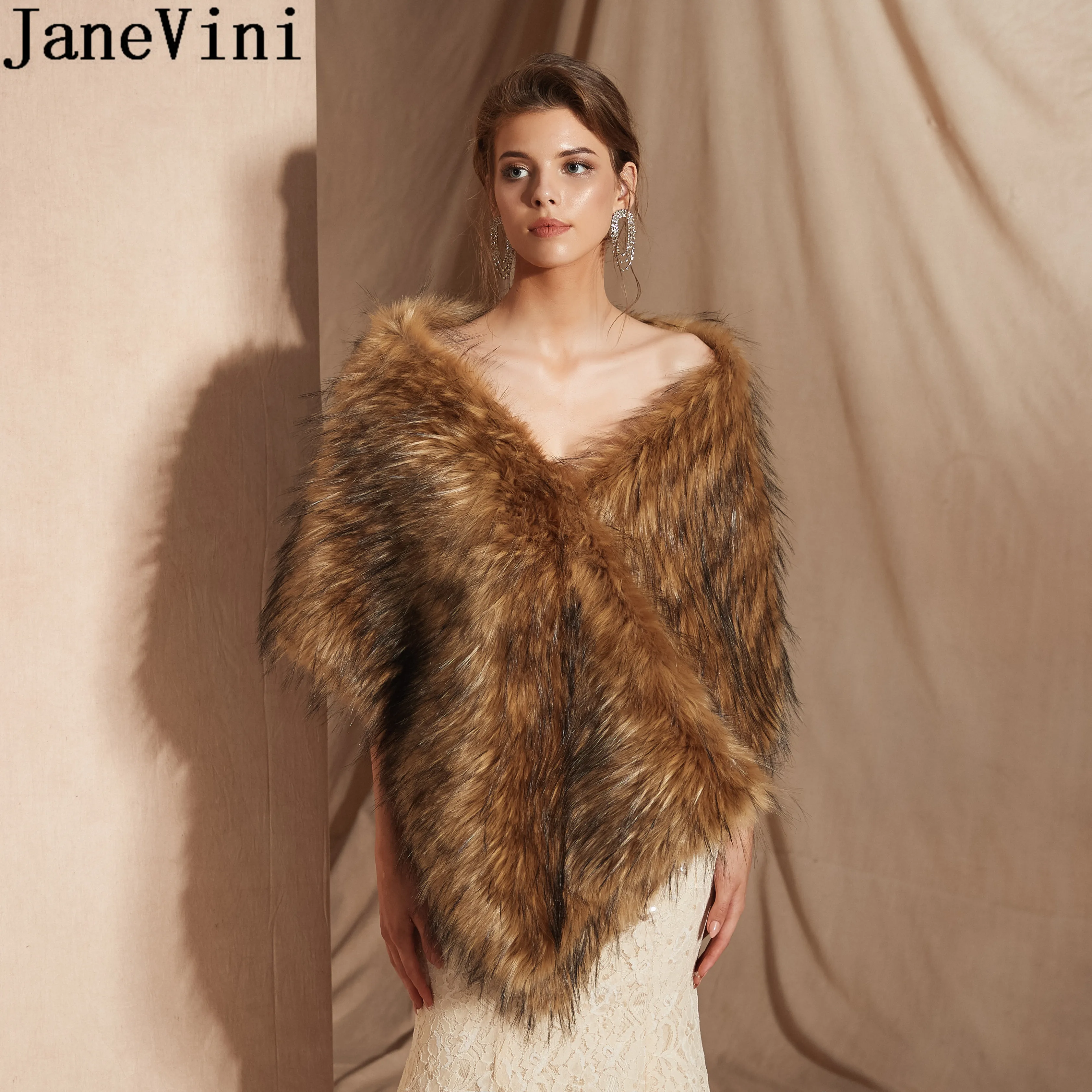 

JaneVini Etole Winter Faux Fur Wrap Bolero De Fiesta Women Bridal Shawl Fur Wedding Cape Brown Coffee Shrug Stoles Party Boleros