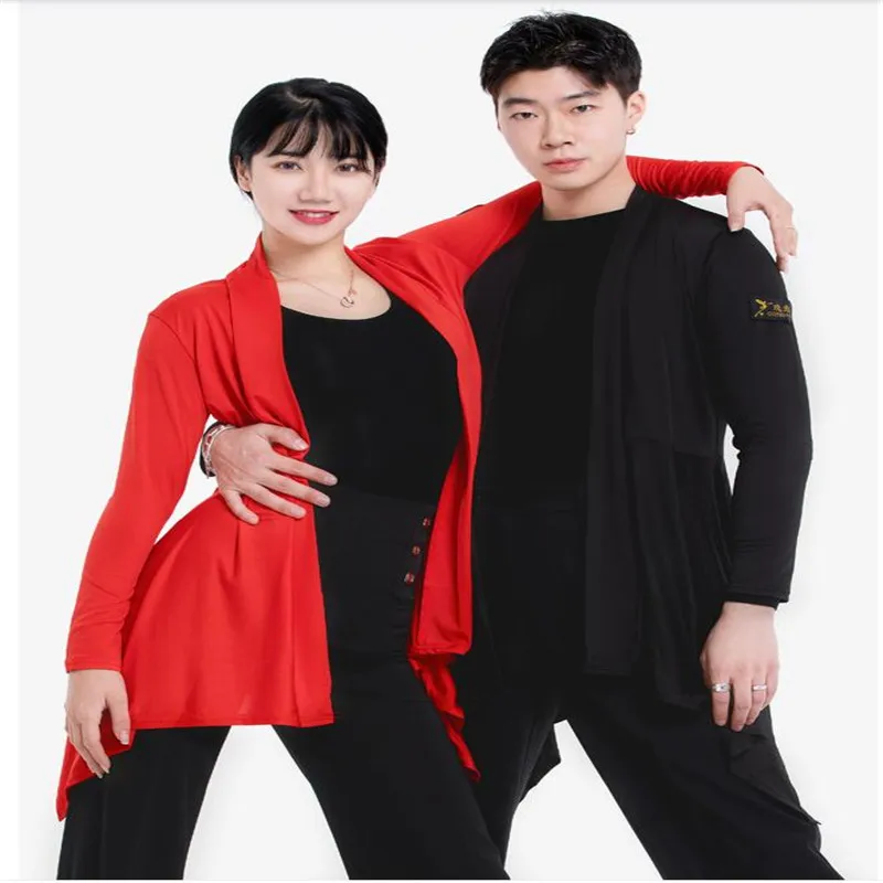 Women Modern Dance Clothes Latin Dance Tops Long sleeve Cardigans Shirts Men Dance cloak Costumes red color