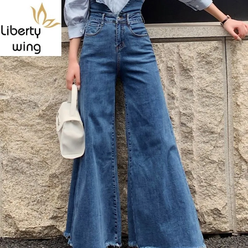 Designer High Waist Wide Leg Jeans Women Spring Fashion Tassel Loose Straight Denim Pants Vintage Blue Office Trousers Female