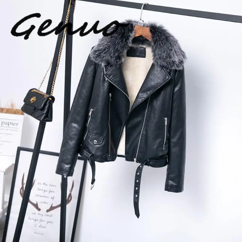 Jaqueta de couro do falso do plutônio das mulheres inverno outono moda bombardeiro motocicleta casaco de pele forrado gola destacável outerwear quente preto