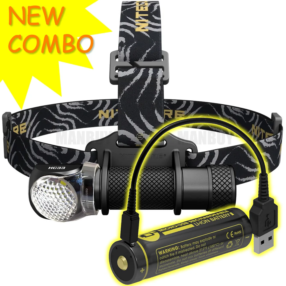 NITECORE NEW COMBO HC33 Headlamp +18650 USB Charging Port Battery Waterproof Flashlight Outdoor Camping Hunting Search Travel