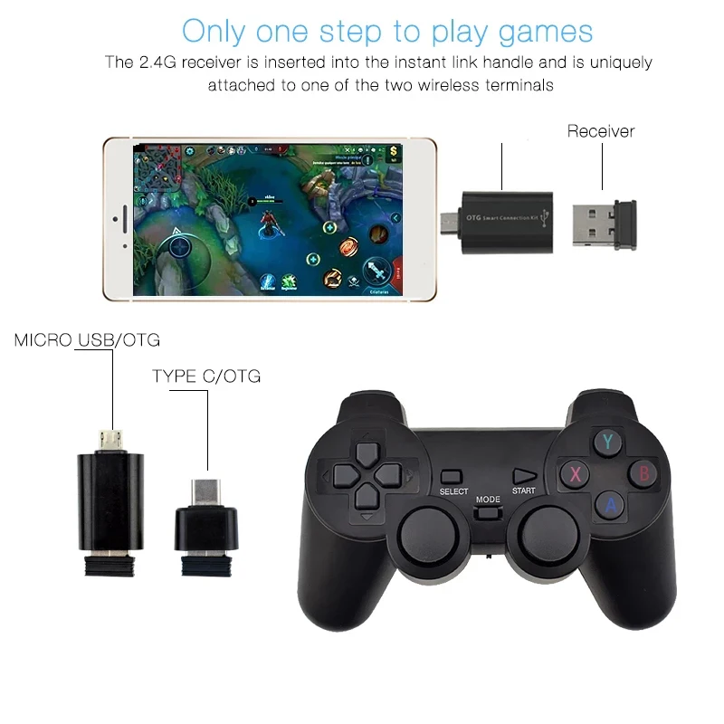 DATA FROG 2 graczy 2.4G bezprzewodowy Gamepad do gry kontroler dla smatfon z androidem Joystick na PC Joypad z konwerter OTG