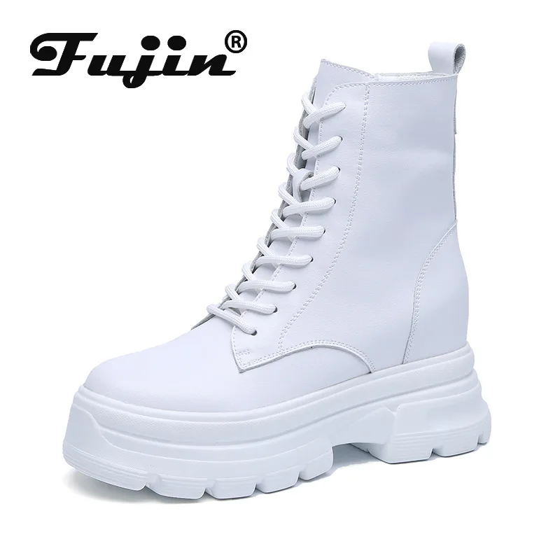 Fujin 8cm High Platform Hidden Heel Wedge Women Ankle Boots Split Leather Waterproof Spring Autumn Motorcycle Punk Booties Shoes