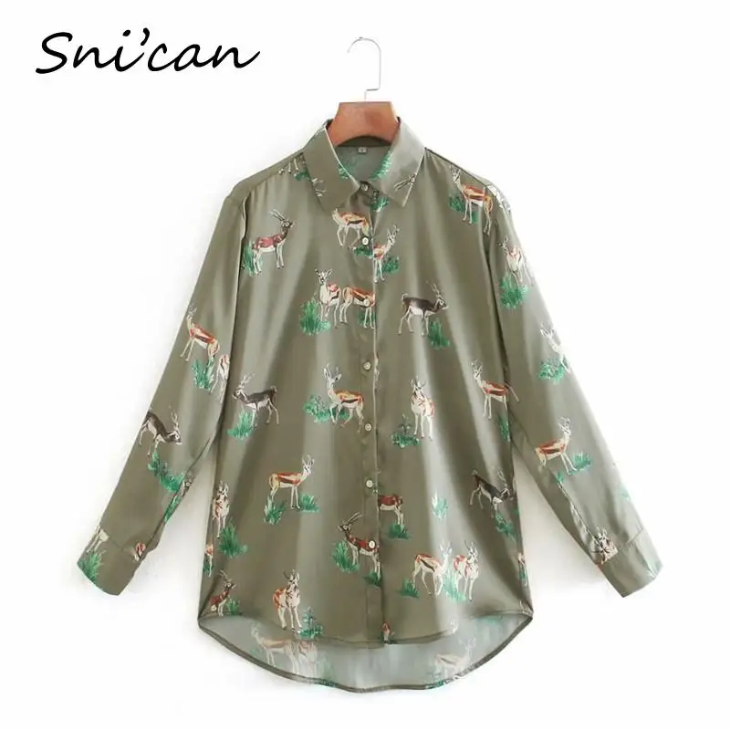 Za Green Dear Print Blouse Women Fashion Satin Animal Sexy Shirts Chic Tops Vintage Chemisier Femme Spring Elegant Blusas Mujer