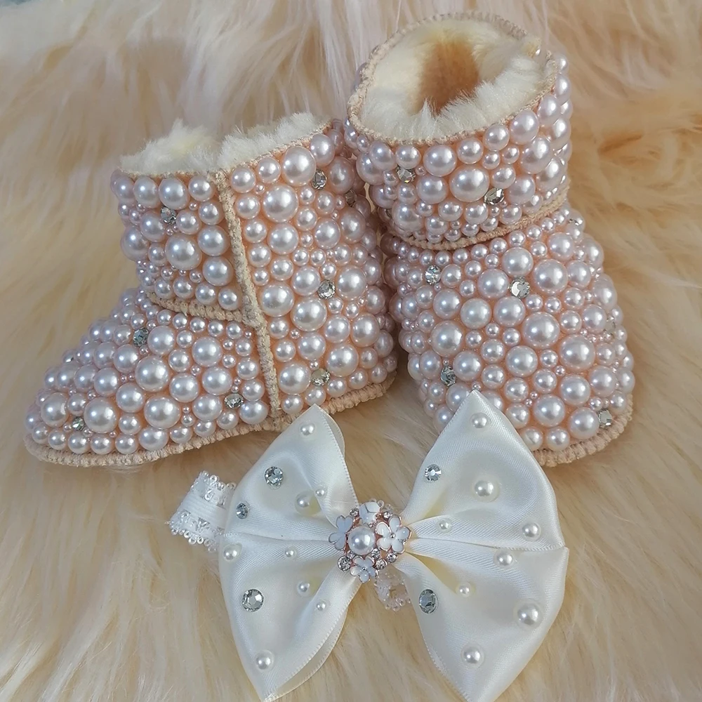 Handmade Bow Hairband Strass Baby Girl Botas de Neve Inverno Sapatos Pente Primeiro Walker Sparkle Bling Cristal Princesa Chuveiro Presente