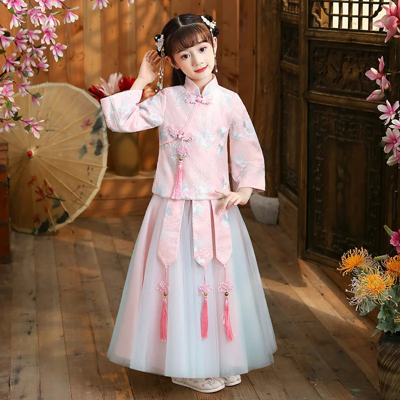 

Spring Autunm Girls Chinese Traditional Ancient Hanfu Children Lovely Embroidery Tang Suit Kids Perform Costumes