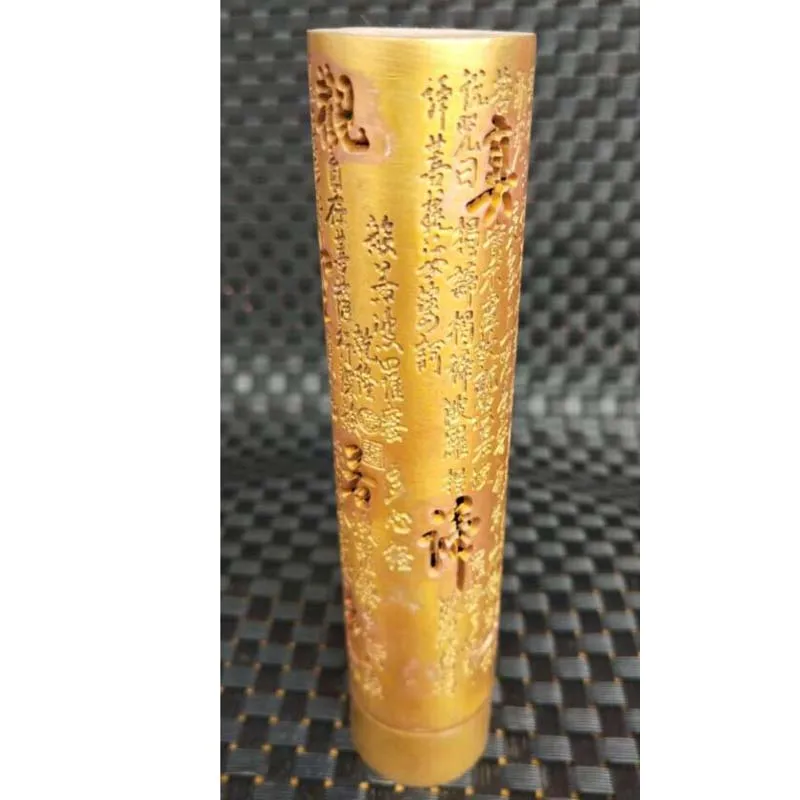 China's New style pure brass Heart sutra carved cylindrical incense burner.