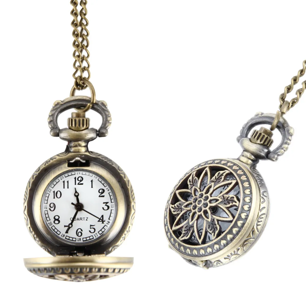 Reloj de bolsillo Vintage para mujer, pulsera con colgante de flores huecas Retro de aleación, suéter, collar, cadena, relojes, regalo para mujer, SUB Sal