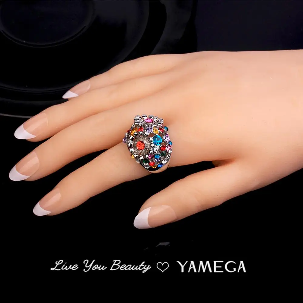 Fashion Metal Big Ladies Ring Jewelry Statement Boho Party Gifts Bling Bling Colorful Czech Rhinestone Rings For Women Girls