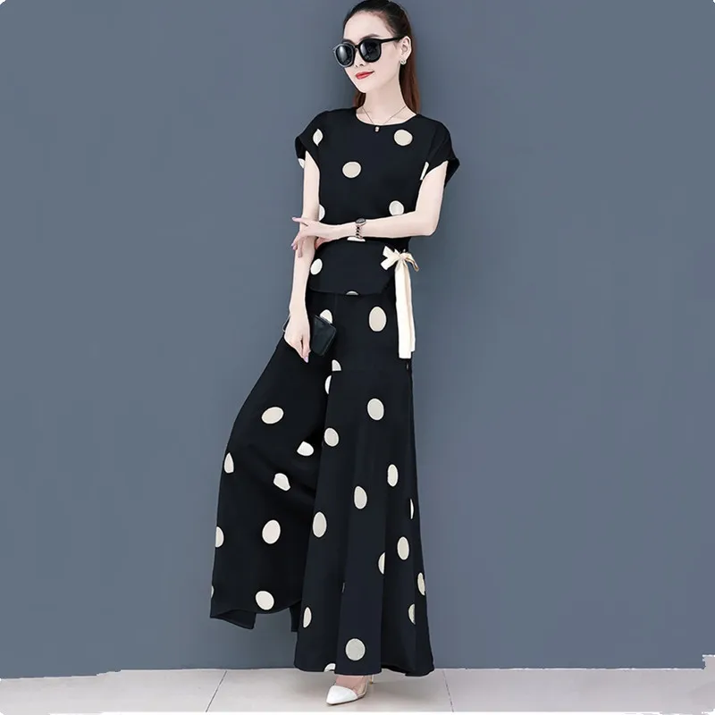 Uhytgf Twee Peice Set Voor Vrouwen 2023 Mode Chiffon Zomerpak Vrouwen Polka Dot Split Wijde Benen Rok Broek Dunne 2 Delige Set 946