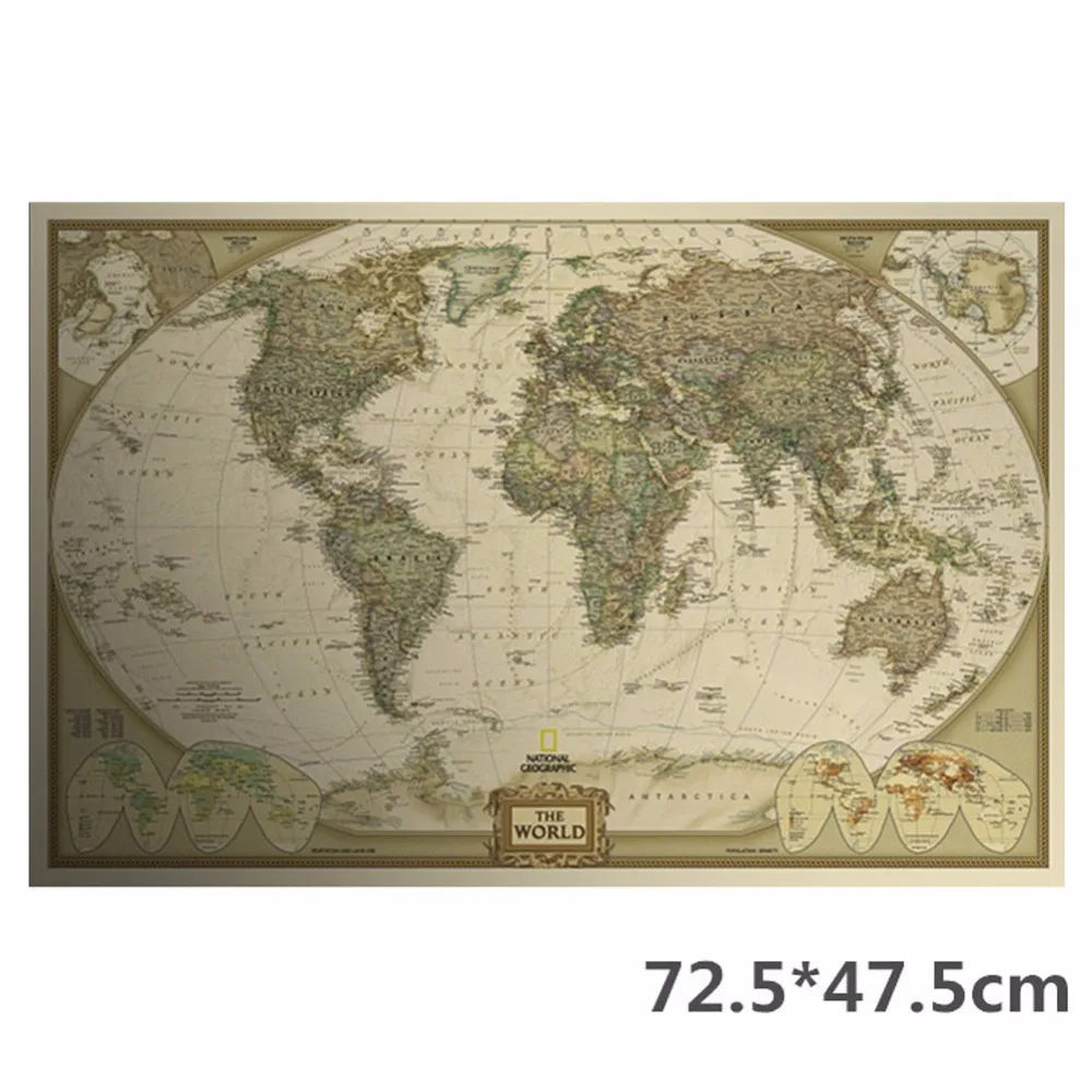 1 Pc of Classic Retro Kraft-Paper The-World Map for School and Office