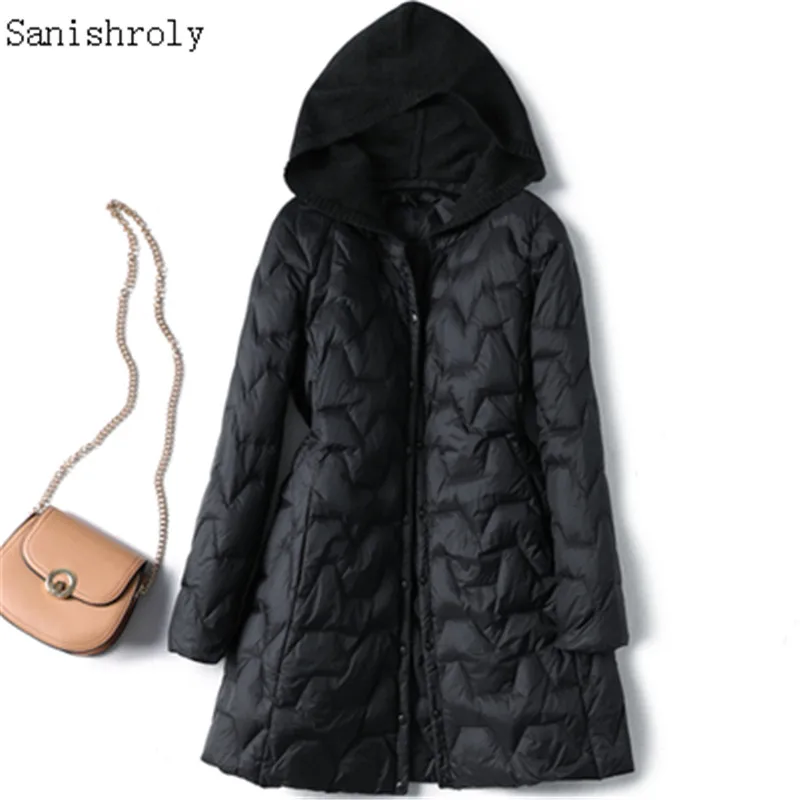 Imagem -03 - Sanishroly-cabolsa de Pato Branco Claro Feminino Parka Feminino Linha Midi Jaqueta Longa de Malha com Capuz Outono Roupas de Inverno